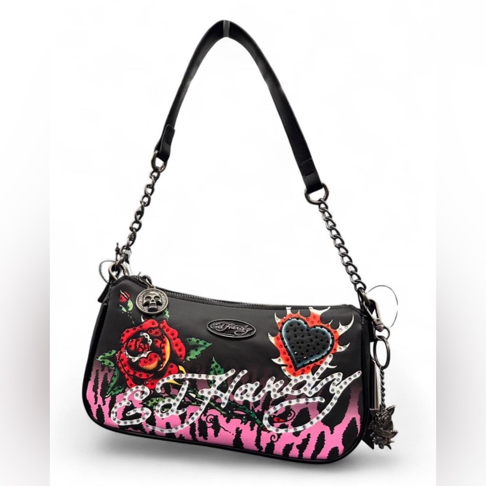 Ed Hardy Black and Pink Shoulder Bag with Rhinestone Rose & Heart Design